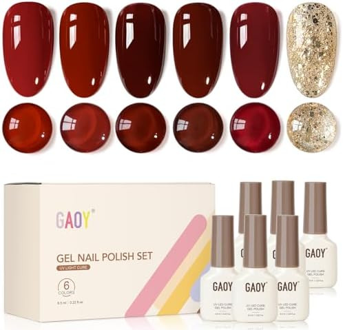 GAOY Burgundy Red Gel Nail Polish Set, 6 Colors Dark Ruby Wine Gold Scarlet for Christmas Holiday... | Amazon (US)