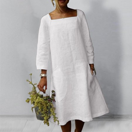 Lanhui Ladies Solid Color Square Collar Pocket Cotton Linen Long Sleeve Dress | Walmart (US)