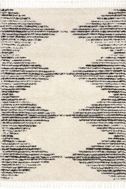 Off White Moroccan Diamond Pinstripes Tassel Area Rug | Rugs USA