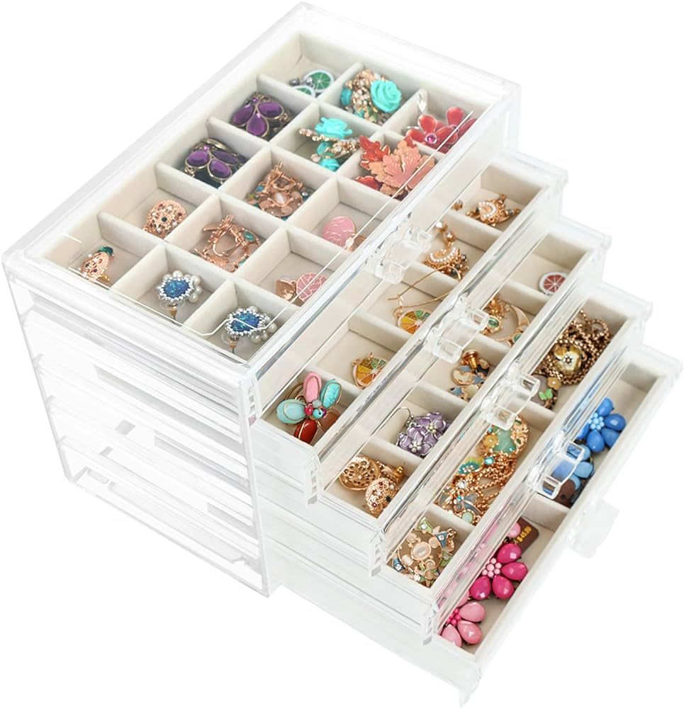 Fixwal Earring Jewelry Organizer with 5 Drawers, Clear Acrylic Jewelry Box with Velvet Trays for ... | Amazon (US)