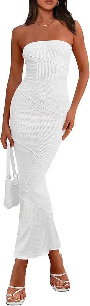 PRETTYGARDEN Women's Ribbed Maxi Bodycon Dress Summer Strapless Tube Y2K Party Club Long Dresses | Amazon (US)