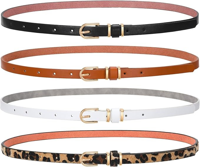 SANSTHS 4 Pack Women Thin Belts for Jeans Dresses Coats Skinny Women Belt with Gold Alloy Buckle | Amazon (US)