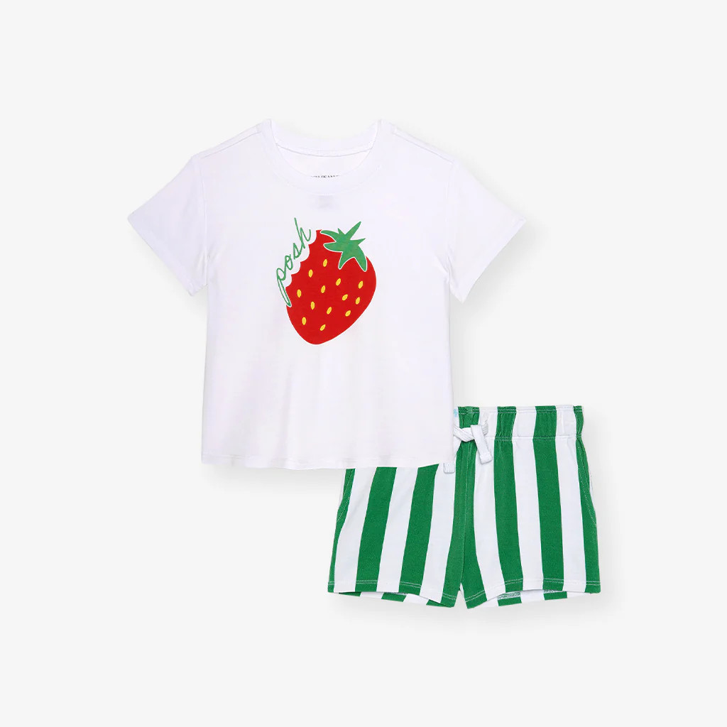 Stripes Green Short Sleeve Strawberry Stripe Graphic Shirt Short Set | Posh Peanut® | Posh Peanut