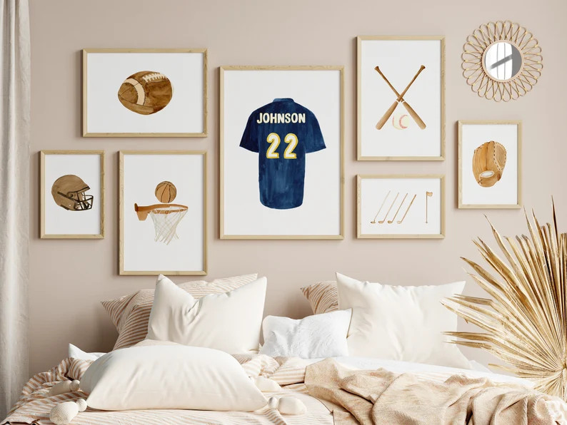 Personalized Watercolor Sports Gallery Wall Art, Jersey Basketball Football Baseball Golf Decor, ... | Etsy (US)