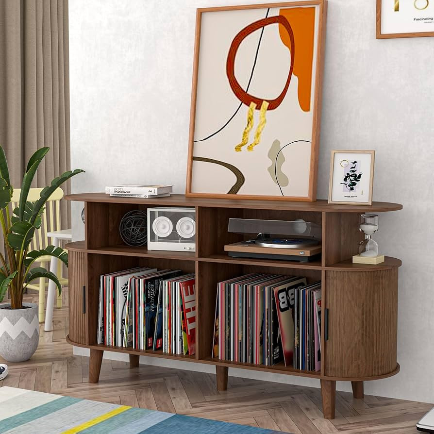 Large Walnut Record Player Stand with Charging Station, Mid-Century Turntable Stand Table, Vinyl ... | Amazon (US)