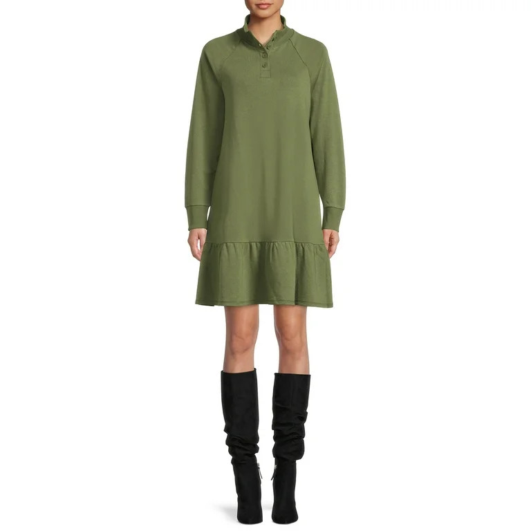 Time and Tru Women's Ruffle Hem Henley Dress - Walmart.com | Walmart (US)