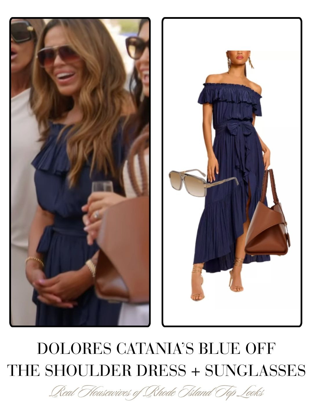 Dolores Catania's Navy Blue Off the Shoulder Dress,  Sunglasses and Brown Bag 

 