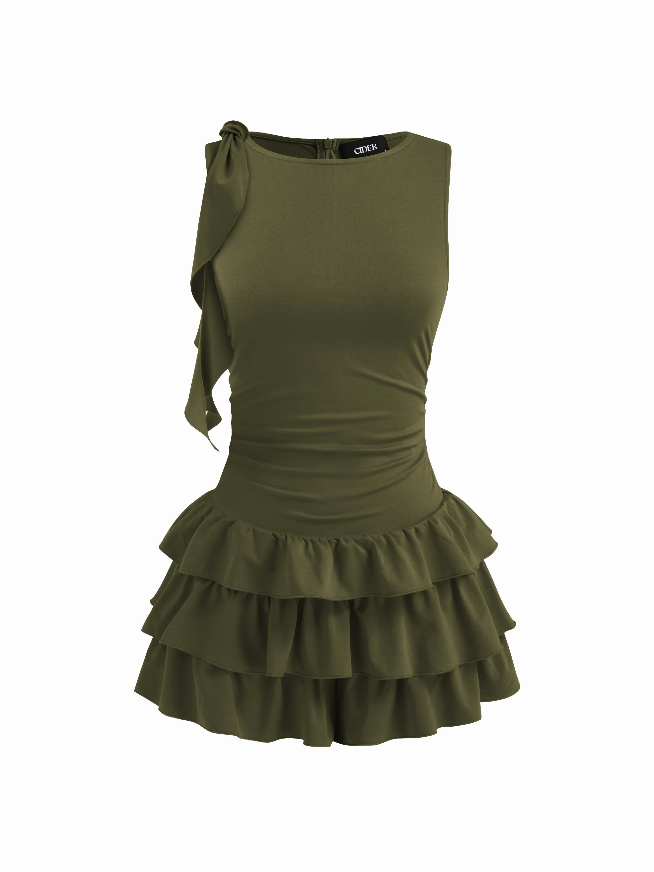 Boat Neck Ruched Ruffle Hem Layered Micro Romper | Cider