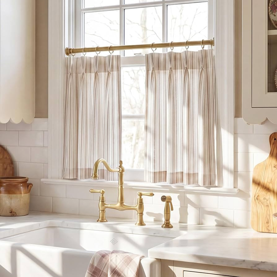 StangH Tan Linen Blend Stripe Pinch Pleat Cafe Curtains, W26xL24, 2 Panels | Amazon (US)