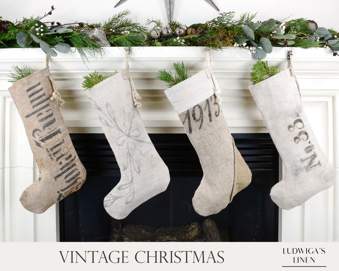 Rustic modern Antique German Grain Sack Linen Christmas Stockings – Farmhouse/Country Holiday D... | Etsy (US)