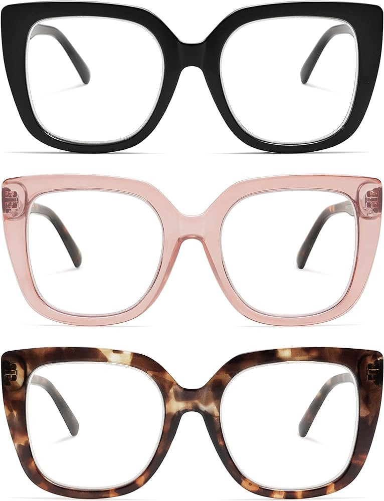 3-Pack Retro Oversized Square Reading Glasses for Women Large Stylish Blue Light Blocking Readers... | Amazon (US)