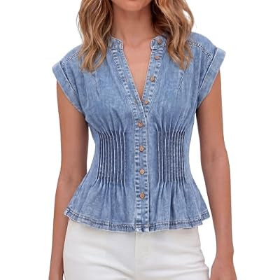Nitzana Denim Vest Tops for Women Y2k Pleated Button Down Jean Vests Shirts | Cap Sleeve V… | Amazon (US)