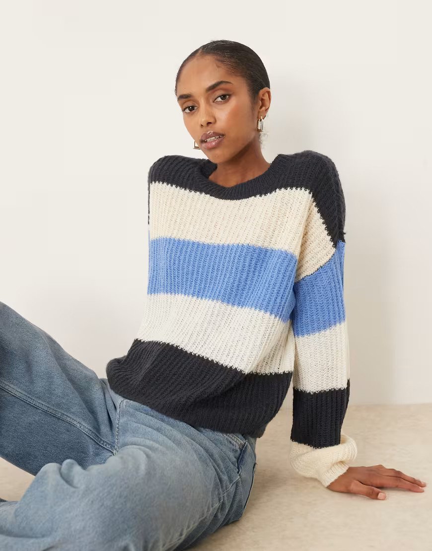 JDY knit sweater in blue and cream stripe-Navy | ASOS (Global)