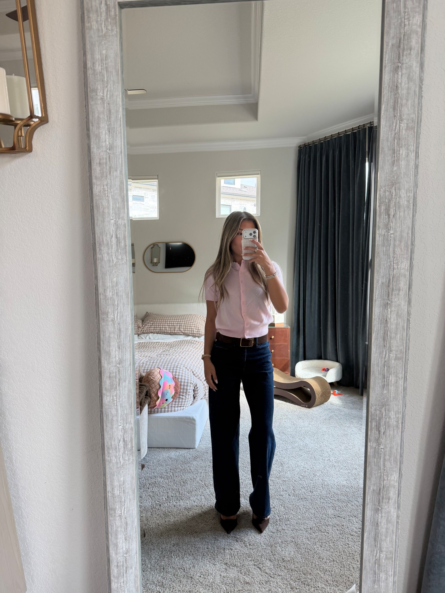 work outfit aritzia top (xs), paige wide leg jeans (24), prada heels, b low the belt revolve 

#LTKPetite #LTKSpringSale #LTKSeasonal