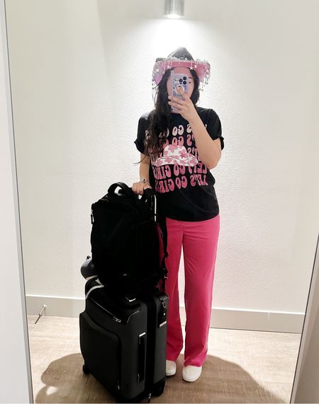 Outfit for flying to Nashville for my sister’s bachelorette party! 🎉 We picked up these ‘Let’s go girls’ matching shirts on Amazon. #traveloutfit #matchingshirts #nashville #bacheloretteparty #airportoutfit #amazonbachelorettepartyfinds #nashvegas #nashvilleoutfit 