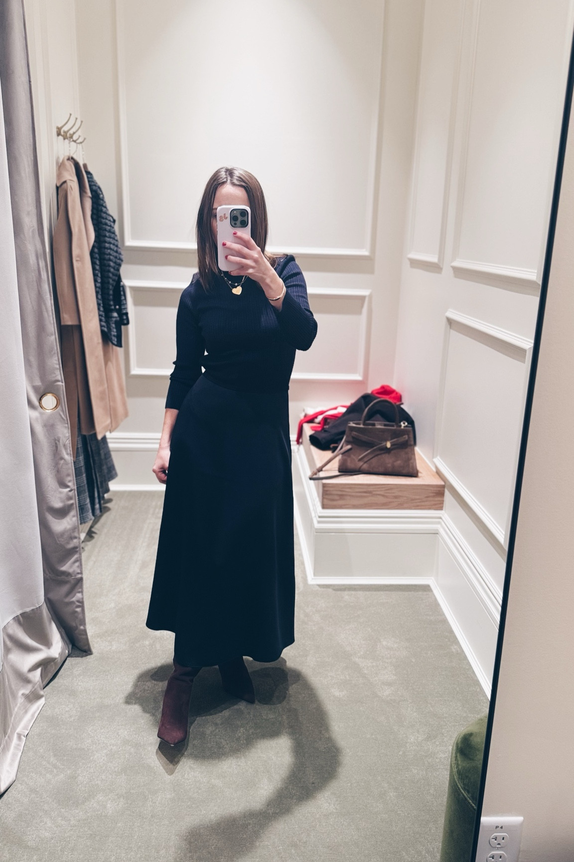 This navy mixed media dress (ribbed knit top, silky skirt) from @hobbslondon is so flattering, and elegant in the rich navy blue color.  A closet workhorse. #ad Linking this and a few other chic dresses below.