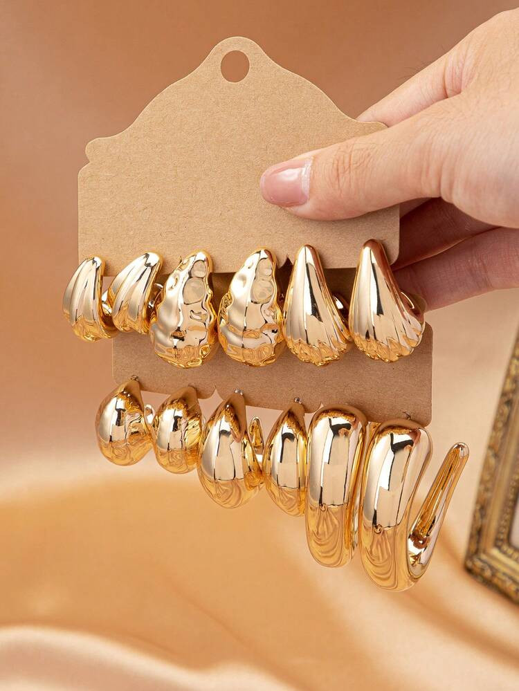 6 Pairs Minimalist Golden Color Water Drip Shape Classic Chunky Hoop Earrings Set For Women | SHEIN