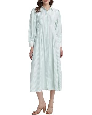 Kedera Women Button Front Pleated Shirt Maxi Dress Summer Striped Prints Long Sleeve Collar Casua... | Amazon (US)