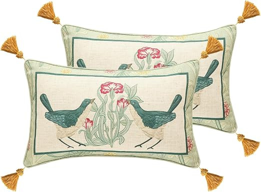 patdrea Designer Pack of 2 Rectangle Throw Pillow Covers,French Vintage Rustic Linen with Green F... | Amazon (US)