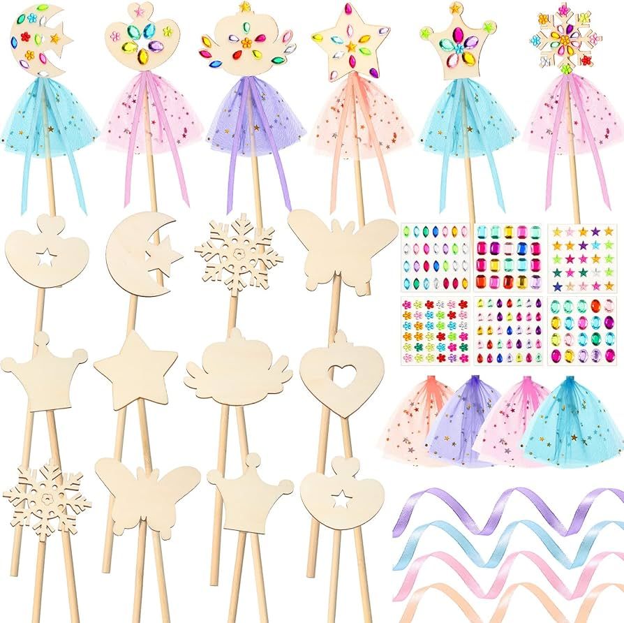 34 Pcs Make Your Own Princess Wand Kit 16 Unfinished Star Butterfly Crown Moon Fairy Wood Stick 6... | Amazon (US)