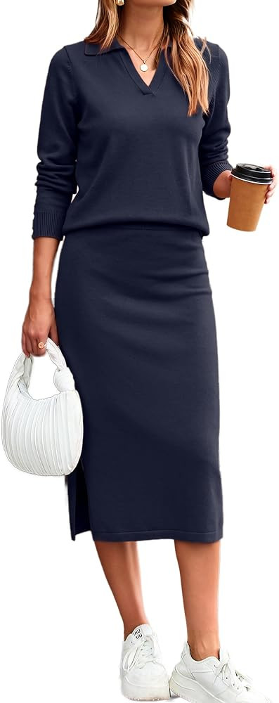 Glamaker Womens 2 Piece Skirt Sets Striped Sweater Dress Casual Polo Neck Knit Long Sleeve Midi D... | Amazon (US)
