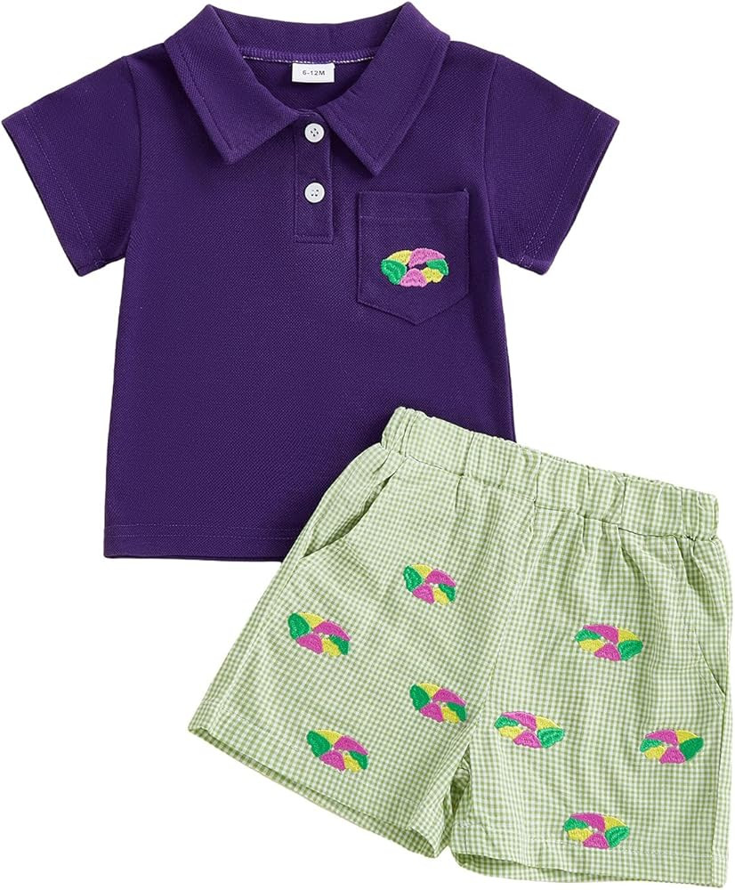 Toddler Baby Boy Mardi Gras Outfit Summer Clothes Carnival Embroidery Short Sleeve Lapel Shirt Pl... | Amazon (US)