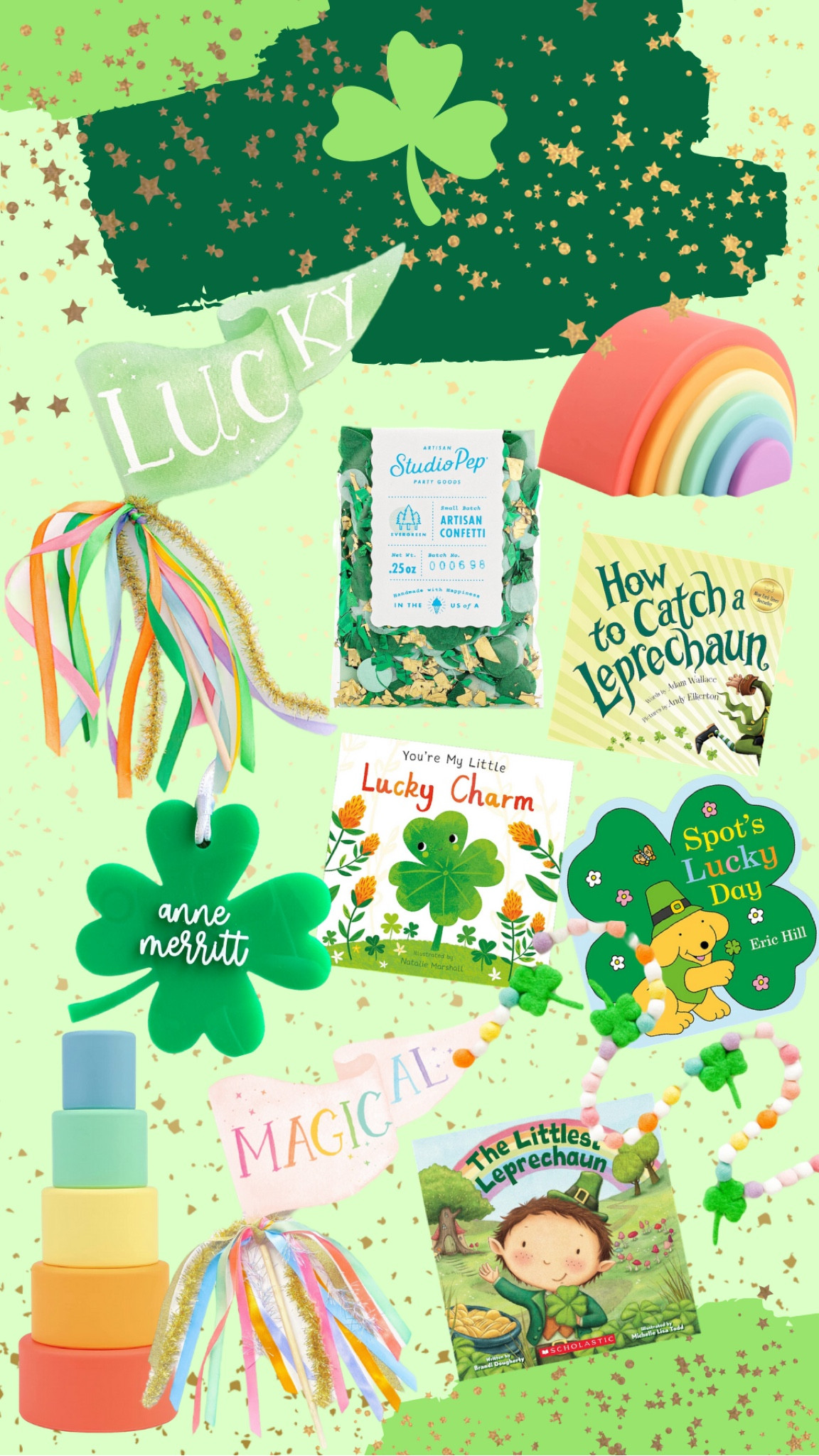 St. Patrick's Day goodies for your little one! #stpattysday #stpaddysday #stpattybooks #baby #toddler #stpatricksday #shamrock #shamrocktag #leprechaun #confetti #rainbow #gold #luckycharm #green #partydecor #lucky #magical

#LTKbaby #LTKkids #LTKSeasonal