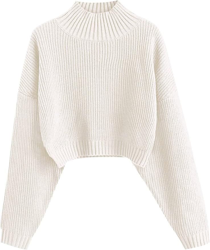 ZAFUL Women's Cropped Turtleneck Sweater Lantern Sleeve Ribbed Knit Pullover Sweater Jumper | Amazon (US)