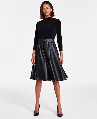 Women's Faux-Leather-Skirt A-Line Dress | Macy's