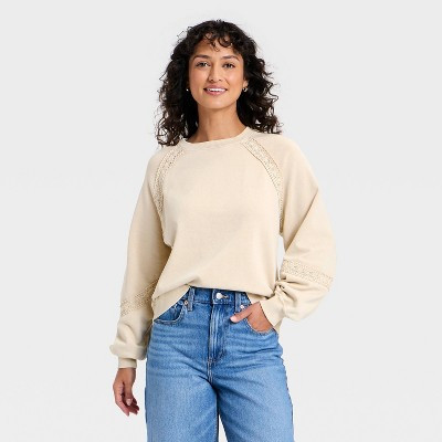Women's Crochet Trim Sweatshirt - Universal Thread™ Tan L | Target
