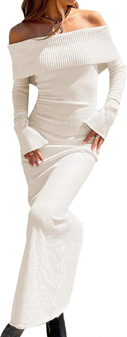 Aonoapll Women Ribbed Off Shoulder Maxi Dress Long Sleeve Knit Bodycon Long Dress Knitted Sweater... | Amazon (US)