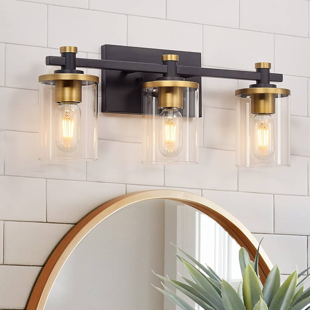 diniluse 3 Light Bathroom Light Fixtures, Black Gold Bathroom Vanity Light with Clear Glass Shade... | Amazon (US)