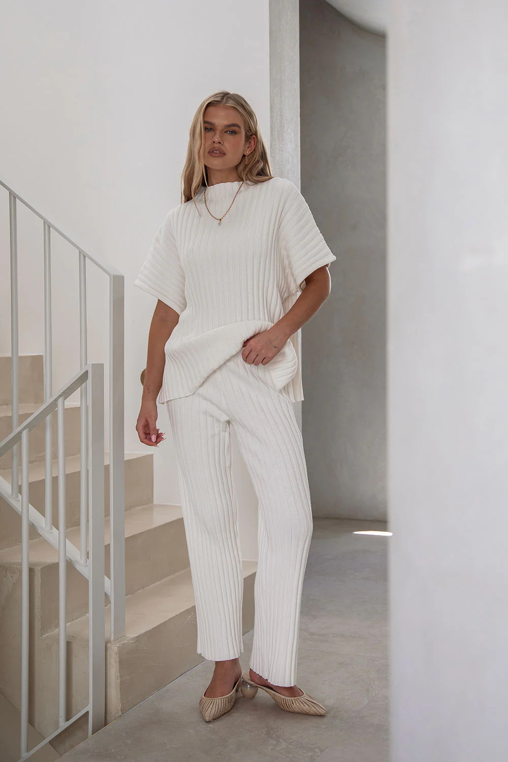 White Ribbed Knit High Waist Elastic Celine Pants | Sabo Skirt US