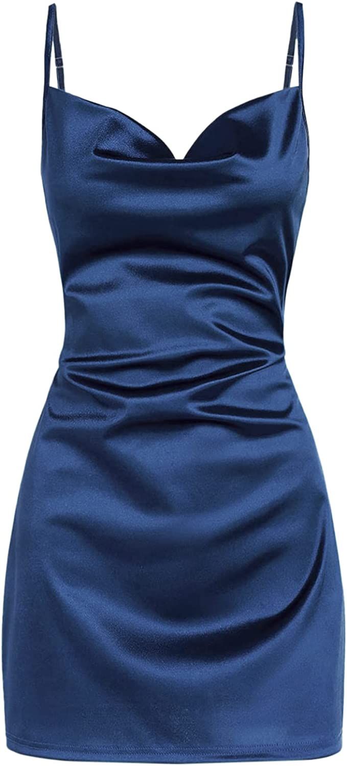 ZAFUL Women's Satin Sleeveless Spaghetti Strap Mini Dress Side Slit Cowl Neck Cocktail Party Dres... | Amazon (US)