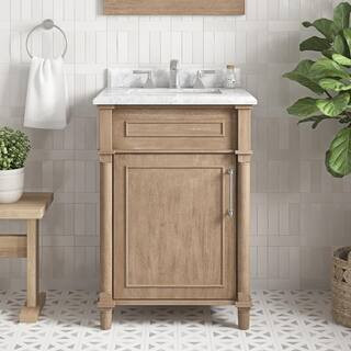 Home Decorators Collection Aberdeen 24 in. Single Sink Antique Oak Bath Vanity with Carrara Marbl... | The Home Depot