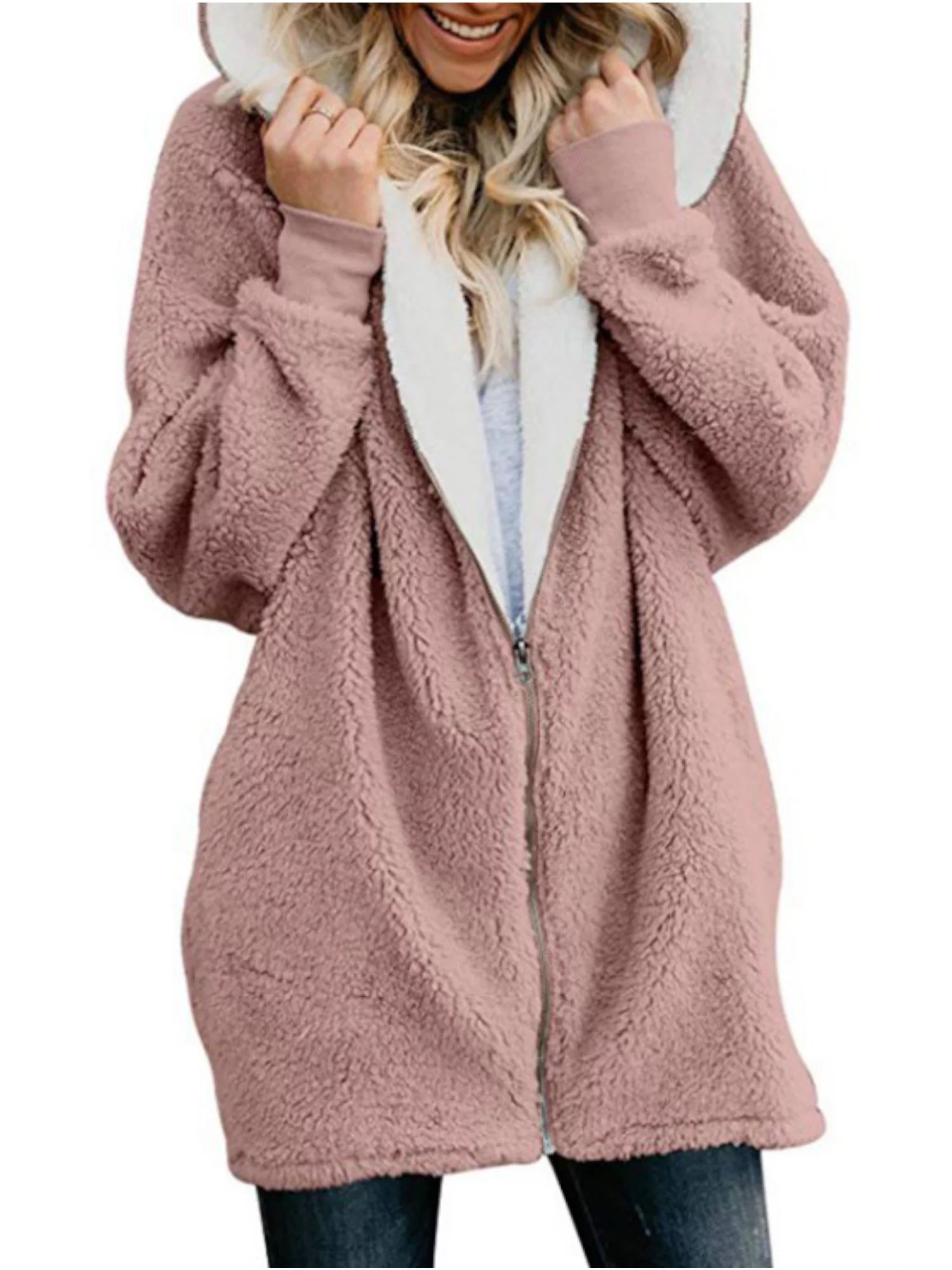 Womens Zipper Fleece Jackets Ladies Casual Hooded Coat Plus Size Mid-Length Long Sleeve Winter Wa... | Walmart (US)