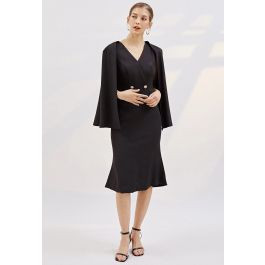 Golden Button Cape Sleeve Cocktail Dress in Black | Chicwish
