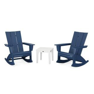 Modern Curveback Adirondack Rocking Chair Navy/White 3-Piece HDPE Plastic Patio Conversation Set | The Home Depot