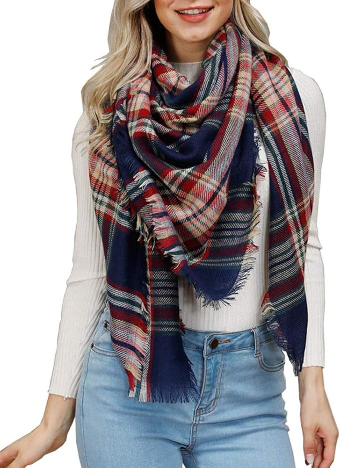 YEXIPO Women's Plaid Blanket Scarf Winter Warm Oversized Tartan Wrap Shawl Fashion Tassel Scarves | Amazon (US)