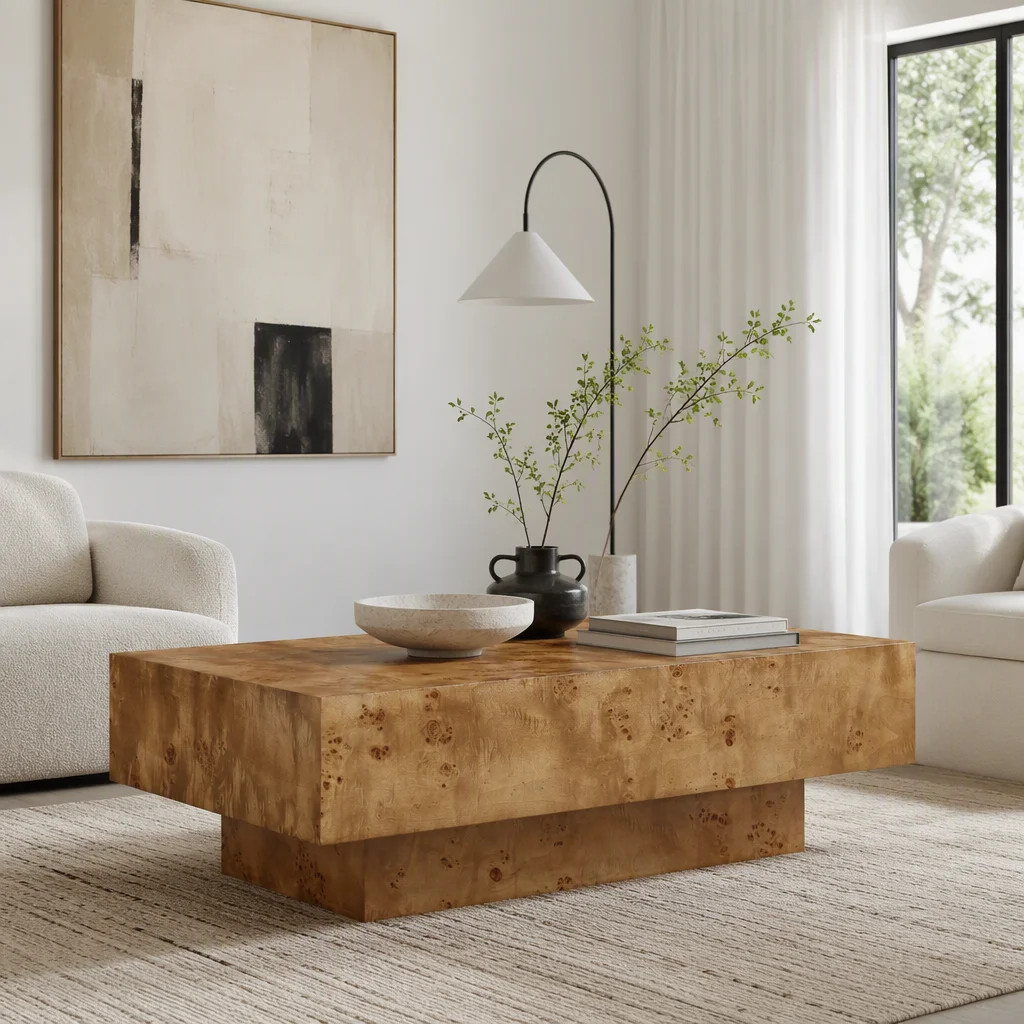 43.31 Inch Burl Wood Veneer Coffee Table,Rectangle Mid-Century Modern Table for Living Room,Coffee Table with Sturdy MDF Pedestal for Office,Apartment | Wayfair North America