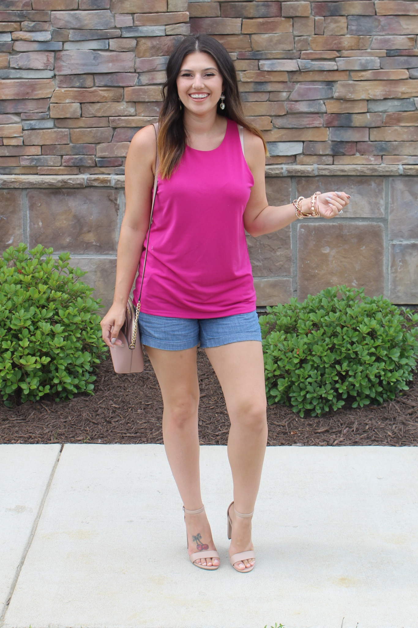 Summer outfit featuring a dark pink sleeveless blouse, chambray shorts from j crew factory, and need block heels. Summer fashion, summer style, dressy casual summer look #ltksummer #ltkjcrew #jcrew #summer #shorts #heels 

#LTKstyletip #LTKunder100 #LTKSeasonal