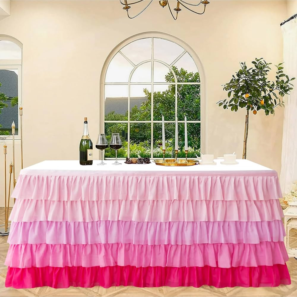 Pufogu Pink Tulle Table Skirt 6ft Tutu Ruffled Chiffon Tablecloth For Rectangle Wedding Baby Show... | Amazon (US)