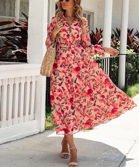 Pink & Red Floral Tie-Neck Button-Front Maxi Dress - Women | Zulily