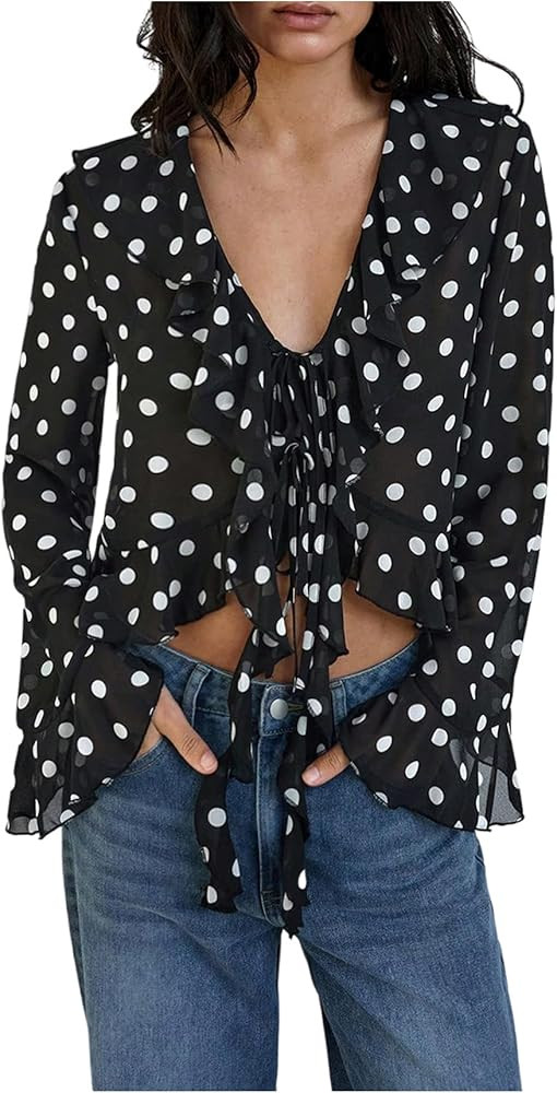 Floerns Women's Polka Dots Flare Sleeve Tie Front Peplum Tops Ruffle V Neck Sheer Retro Blouses | Amazon (US)