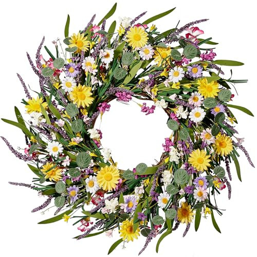 Sggvecsy Daisy and Lavender Wreath 24’’ Wildflower Wreath Spring and Summer Artificial Spring Silk Summer for Front Door Home Wall Wedding Festival Farmhouse Holiday Decor | Amazon (US)