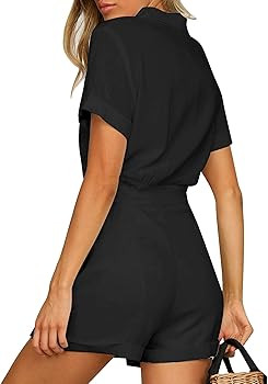 GRAPENT Women's Summer Short Sleeve Button Down Pockets Belted Jumpsuits Rompers | Amazon (US)