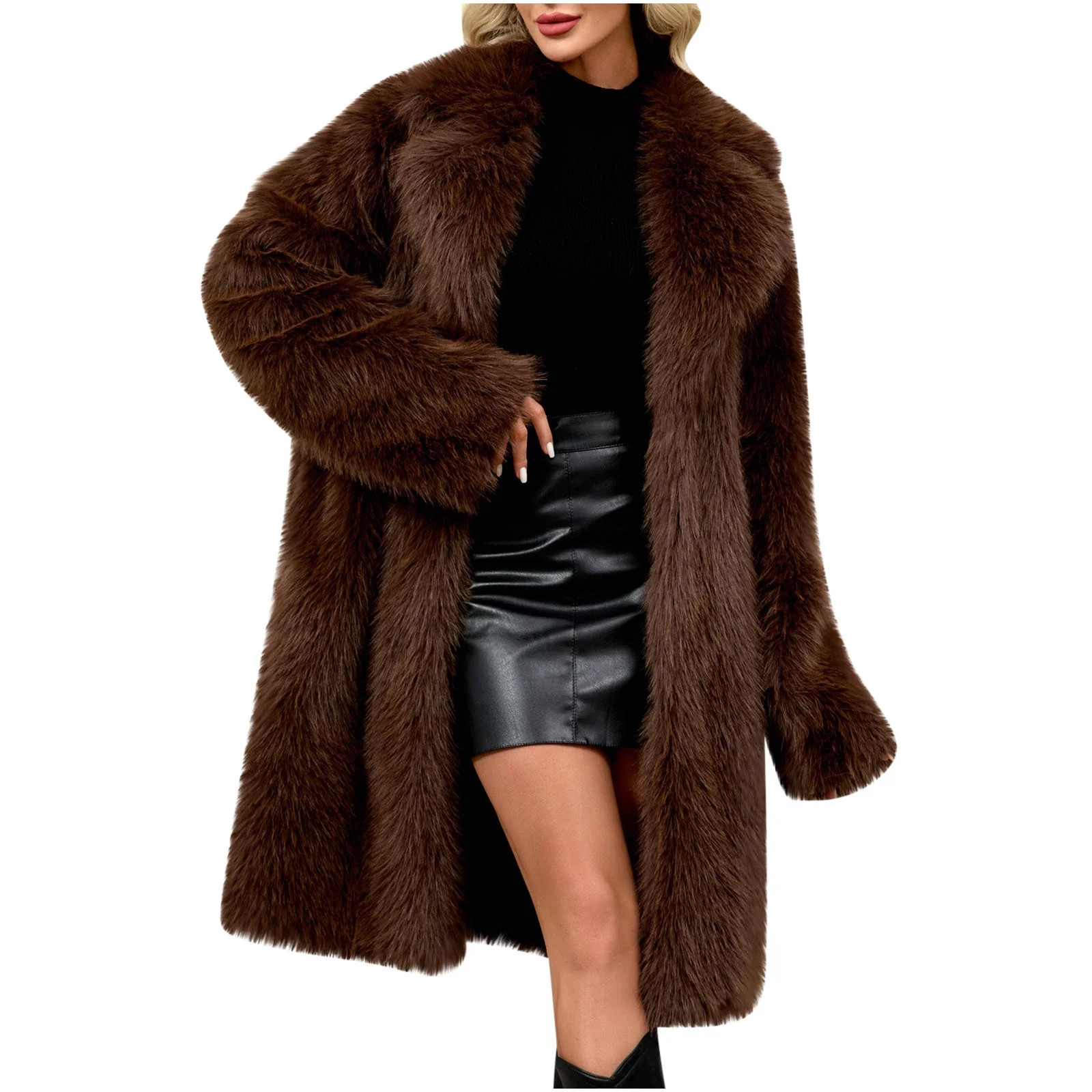 Uaswgudfs Women's Black Faux Fur Long Coat, Winter Lapel Collar Warm Jacket, Casual Luxury Outerw... | Walmart (US)