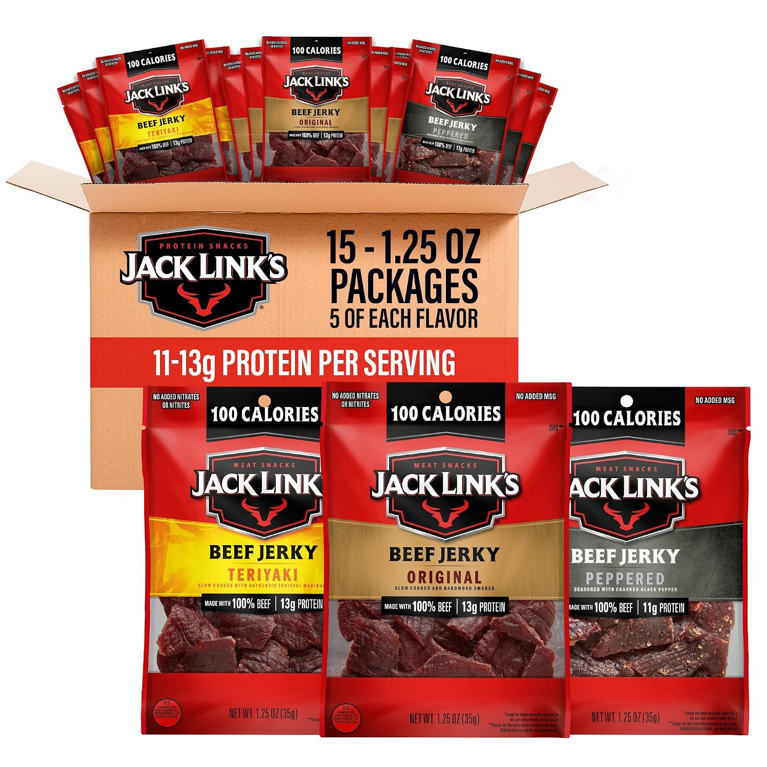 Jack Link's Beef Jerky Variety Pack - Includes Original, Teriyaki, and Peppered Beef Jerky - 96% Fat Free, No Added MSG- 1.25 Oz (Pack of 15) | Amazon (US)