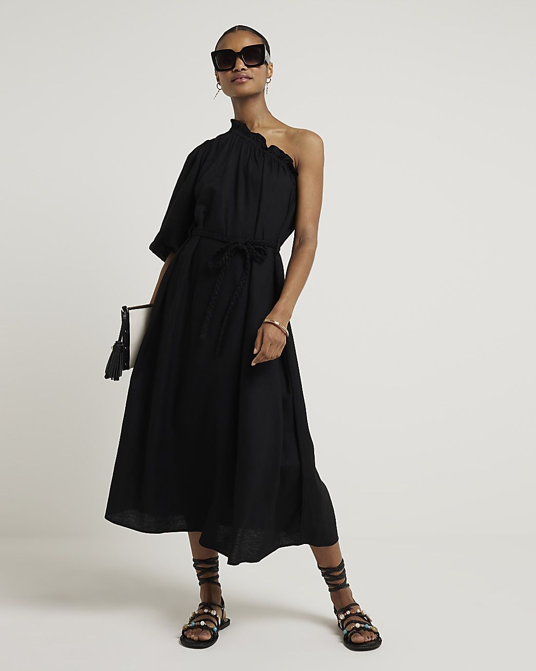 Black linen blend belted shift midi dress | River Island (UK & IE)