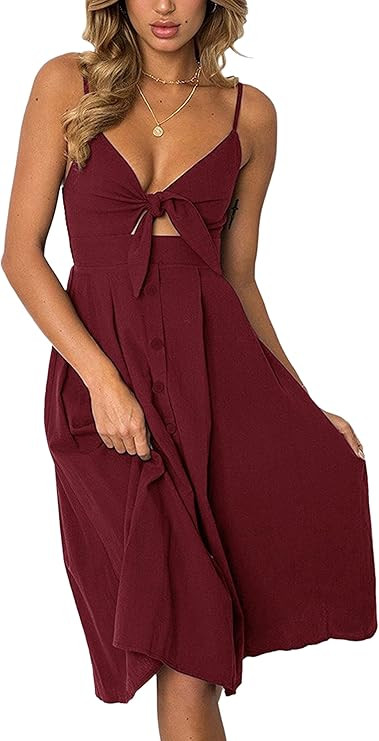 ECOWISH Women 2025 Summer Dresses Tie Front V-Neck Spaghetti Strap Button Down A-Line Backless Sw... | Amazon (US)